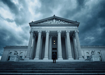Gerichtsgebäude in Washington DC unter dunklen Wolken