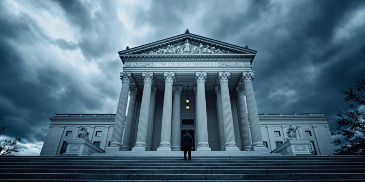 Gerichtsgebäude in Washington DC unter dunklen Wolken