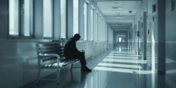 Person sitzt allein in klinischem Korridor, symbolisiert Depression