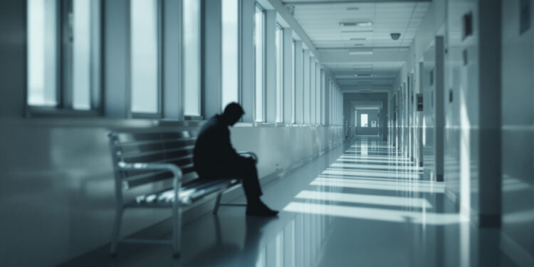 Person sitzt allein in klinischem Korridor, symbolisiert Depression
