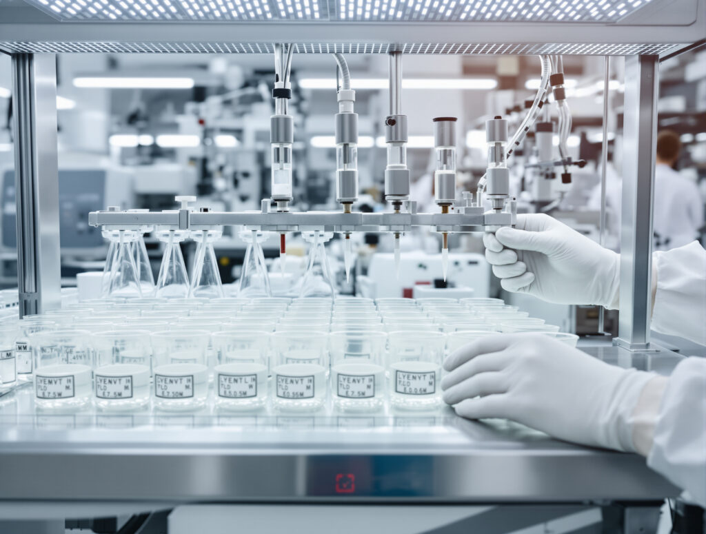 Forschungslabor mit Probengefäßen und wissenschaftlichem Equipment