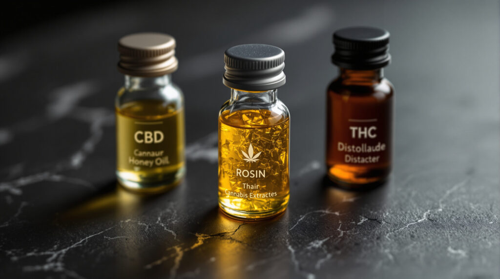 Drei Glasfläschchen mit unterschiedlichen Cannabis-Extrakten