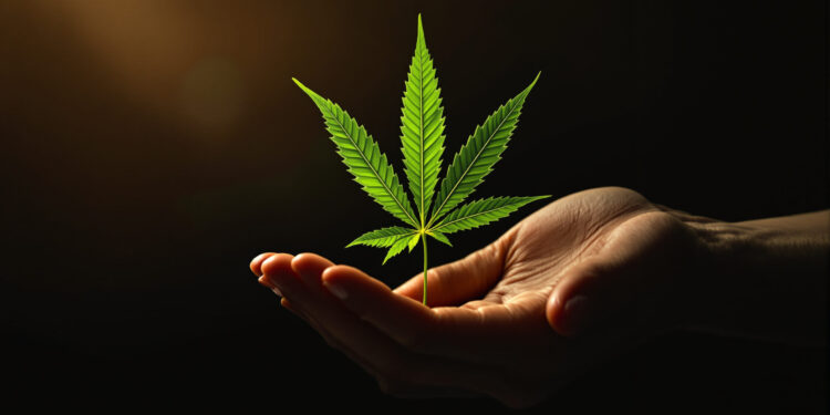 Hände halten ein Cannabis-Blatt vor dunklem Hintergrund in nachdenklicher Geste
