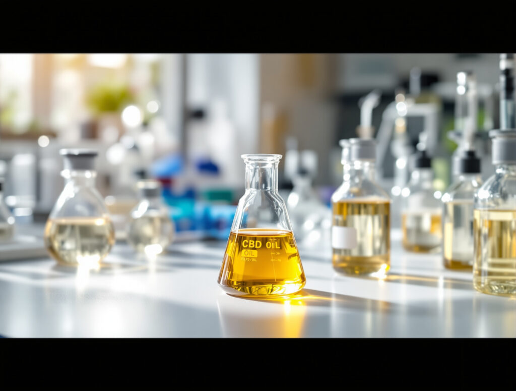 Labortisch mit Glaskolben und CBD-Öl in wissenschaftlicher Umgebung