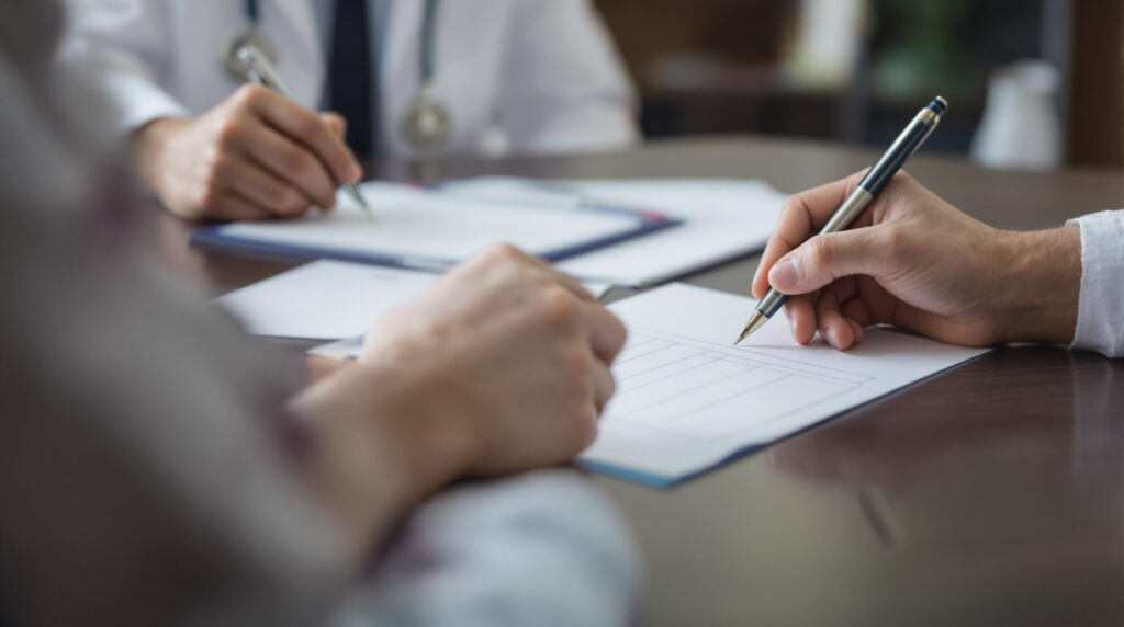 Arzt-Patienten-Gespräch an einem Schreibtisch in Praxisumgebung