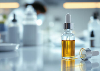 Orale Cannabis-Lösung in pharmazeutischer Tropfflasche auf Labortisch
