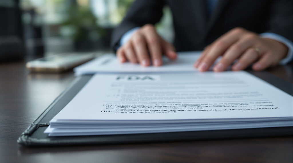 Regulatorische Prüfunterlagen auf Schreibtisch einer Arzneimittelbehörde