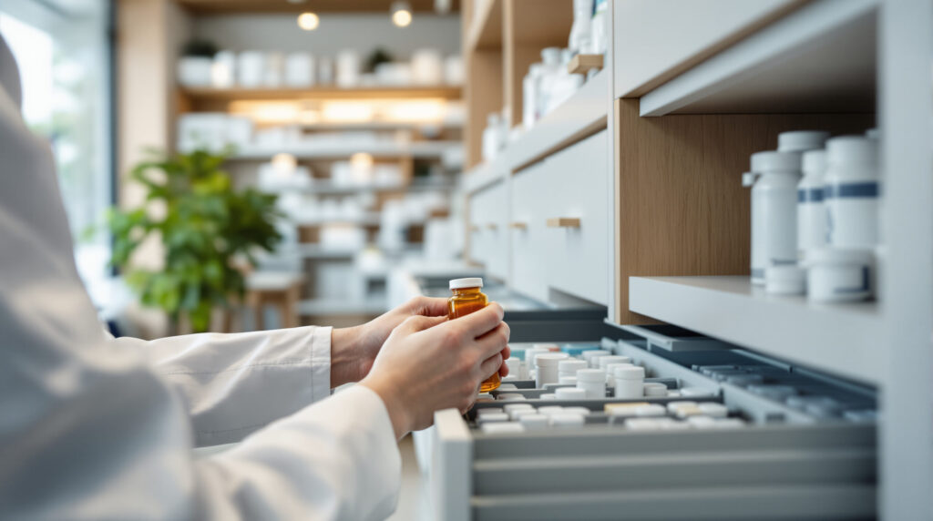 Apotheker ordnet verschreibungspflichtiges Medikament in Schubladensystem ein