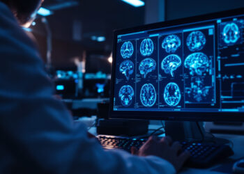 Gehirnscan auf Monitor in psychiatrischer Forschungsumgebung