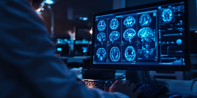 Gehirnscan auf Monitor in psychiatrischer Forschungsumgebung