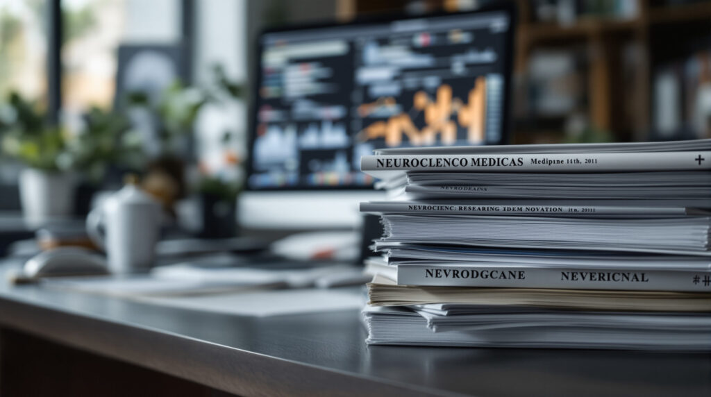 Wissenschaftliche Publikationen auf Schreibtisch in Forschungsumgebung