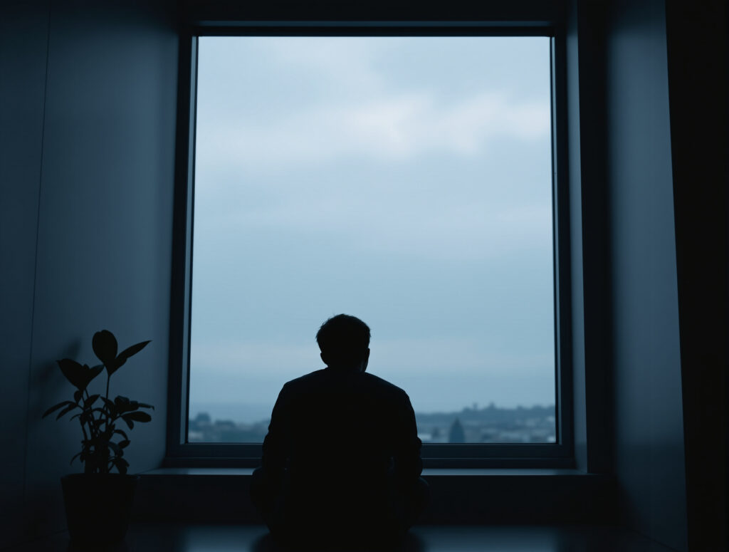 Silhouette eines jungen Menschen am Fenster in Beratungsumgebung