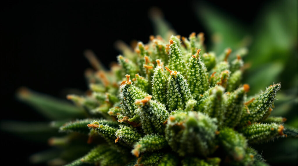 Makroaufnahme einer hochpotenten Cannabis-Blüte mit Trichomen