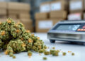 Cannabis-Blüten auf Apothekenwaage neben EU-GMP-Verpackungen