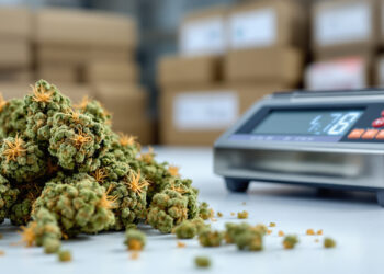 Cannabis-Blüten auf Apothekenwaage neben EU-GMP-Verpackungen