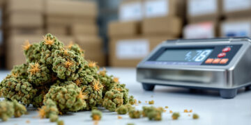 Cannabis-Blüten auf Apothekenwaage neben EU-GMP-Verpackungen