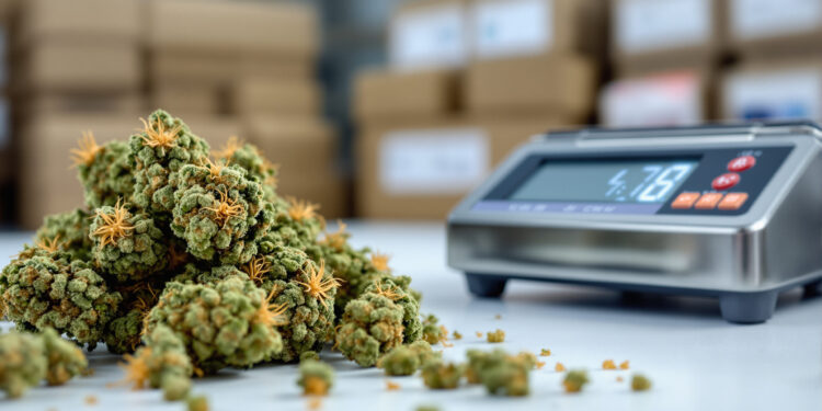 Cannabis-Blüten auf Apothekenwaage neben EU-GMP-Verpackungen