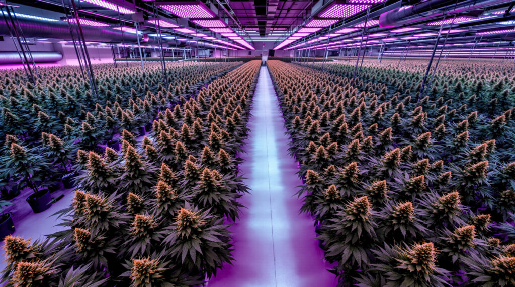 Professionelle Cannabis-Indoor-Anlage mit LED-Beleuchtung und Bewässerungssystem