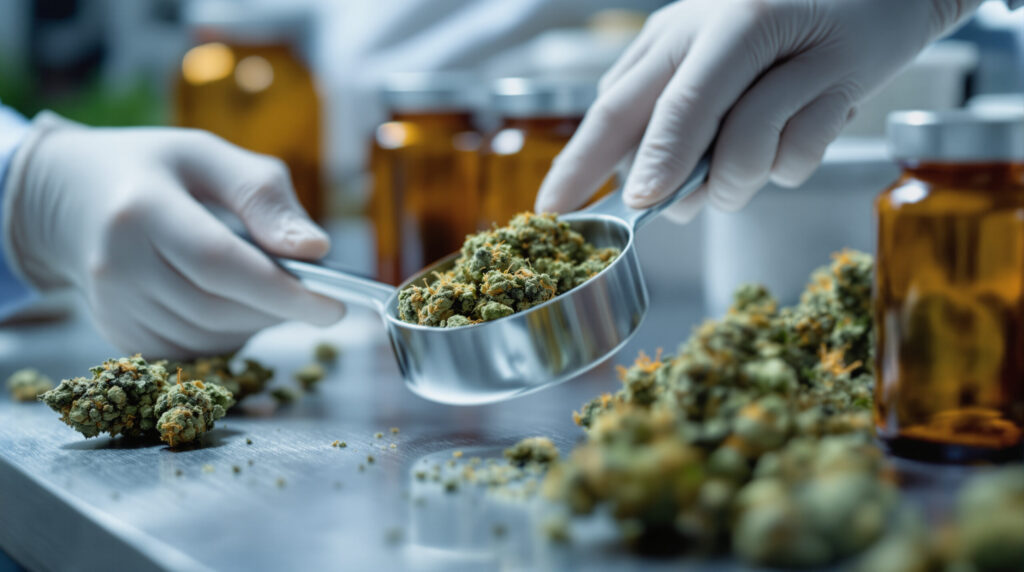 Apotheker-Hände beim präzisen Abwiegen von Cannabis-Blüten