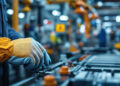 Hände eines Arbeiters bedienen präzise Maschinensteuerung in moderner Fabrik