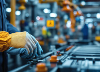 Hände eines Arbeiters bedienen präzise Maschinensteuerung in moderner Fabrik