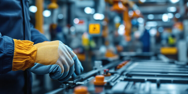 Hände eines Arbeiters bedienen präzise Maschinensteuerung in moderner Fabrik