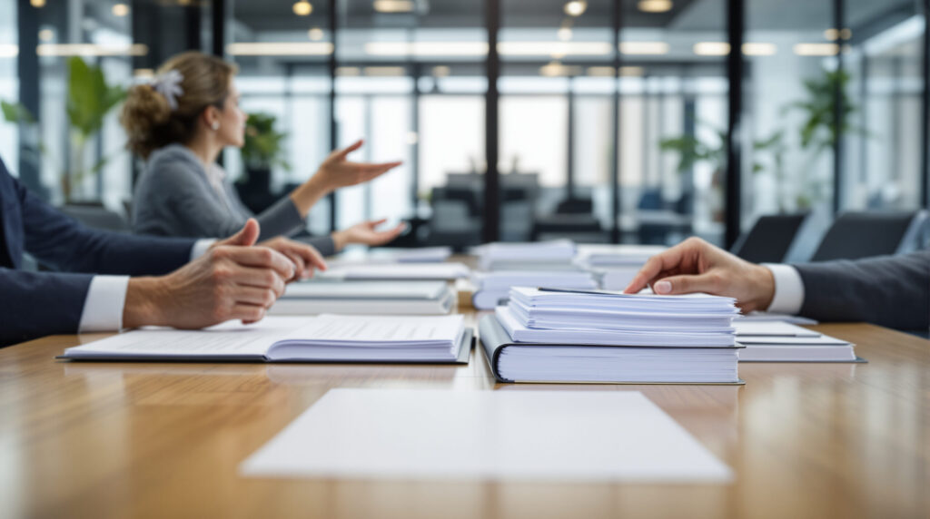 Hände bei Besprechung über Arbeitsrichtlinien, moderne Büroumgebung