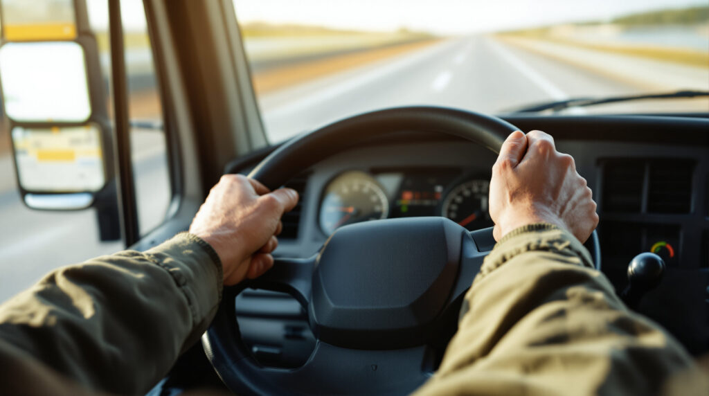 Hände eines LKW-Fahrers am Steuer auf der Autobahn, Fokus auf Verantwortung
