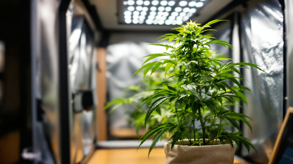 Gesunde Cannabis-Pflanze unter LED-Beleuchtung in einem Indoor-Growzelt