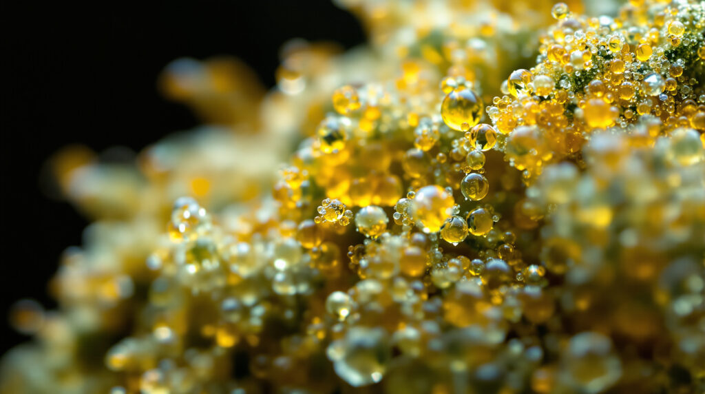 Makroaufnahme von Terpenen auf Cannabis-Trichomen mit glänzenden Harzdrüsen