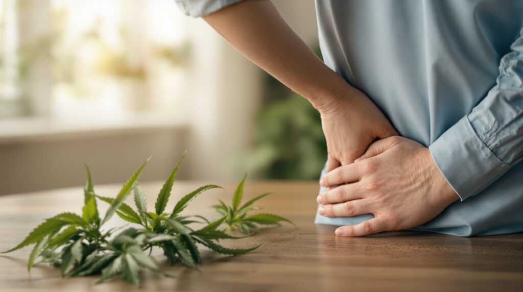 Person deutet auf schmerzenden Rückenbereich, medizinische Cannabis-Pflanze im Hintergrund