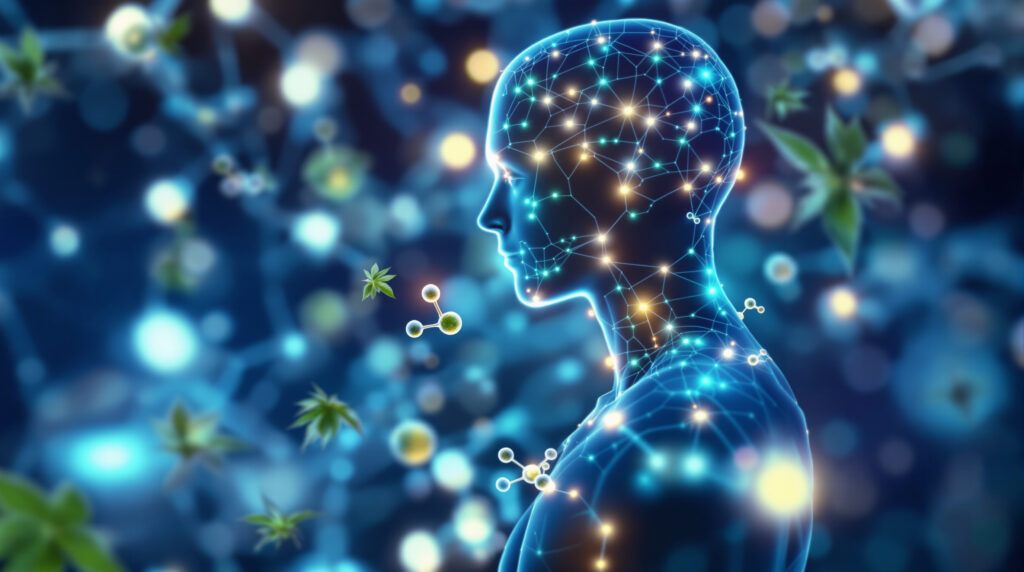 Wissenschaftliche Darstellung des menschlichen Endocannabinoid-Systems mit leuchtenden Rezeptoren und neuronalen Verbindungen