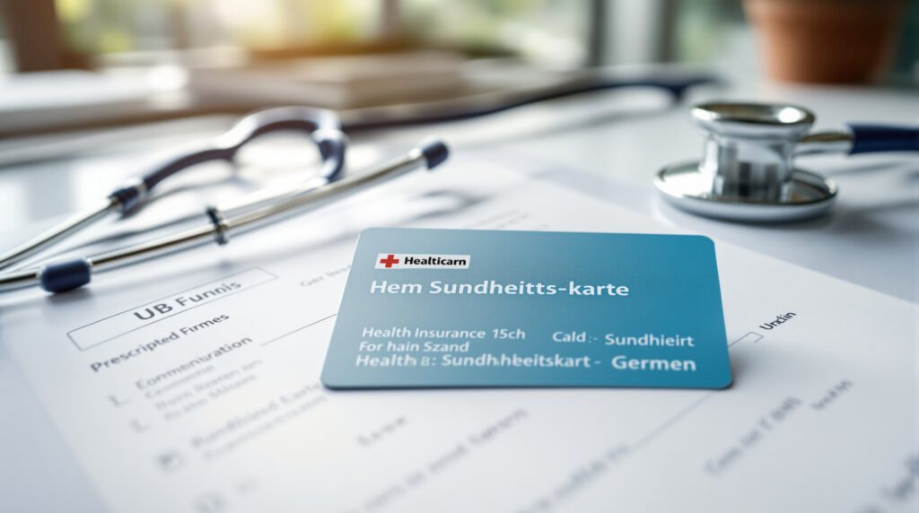 Gesundheitskarte und Rezeptformular auf einem Schreibtisch im medizinischen Kontext