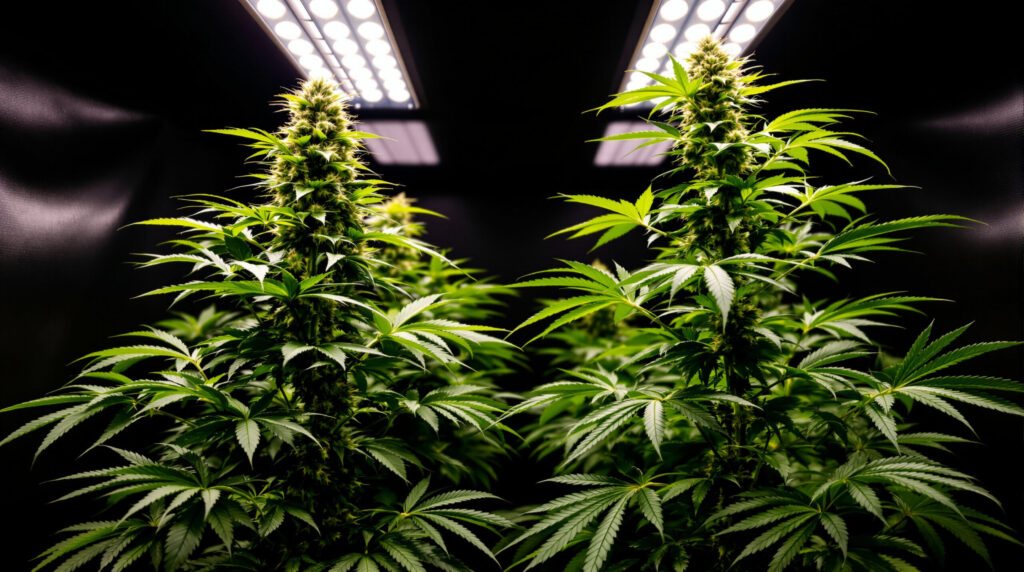 Zwei Cannabis-Pflanzen gleicher Genetik mit unterschiedlichem Wuchsverhalten