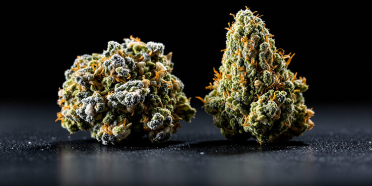 Zwei Cannabis-Blüten unterschiedlicher Morphologie nebeneinander im Makro
