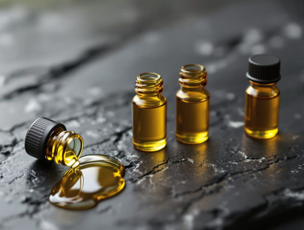Reihe von Glasfläschchen mit isolierten Cannabis-Terpenen unterschiedlicher Viskosität