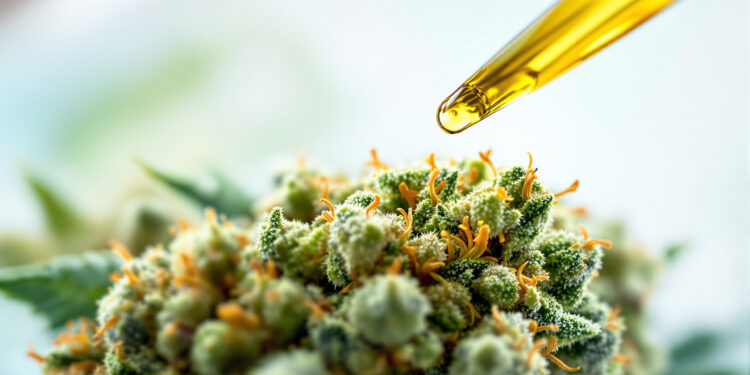 Pipette extrahiert Terpen-Öl aus Cannabis-Blüte im Labor