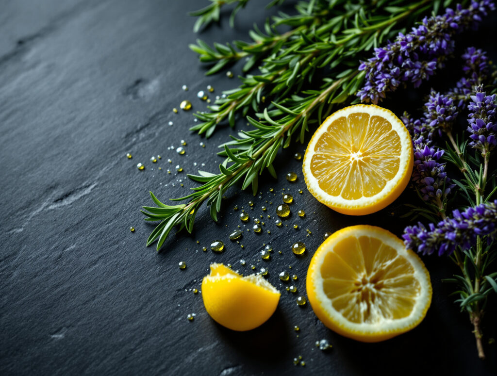 Piante ricche di terpeni e oli essenziali su sfondo scuro