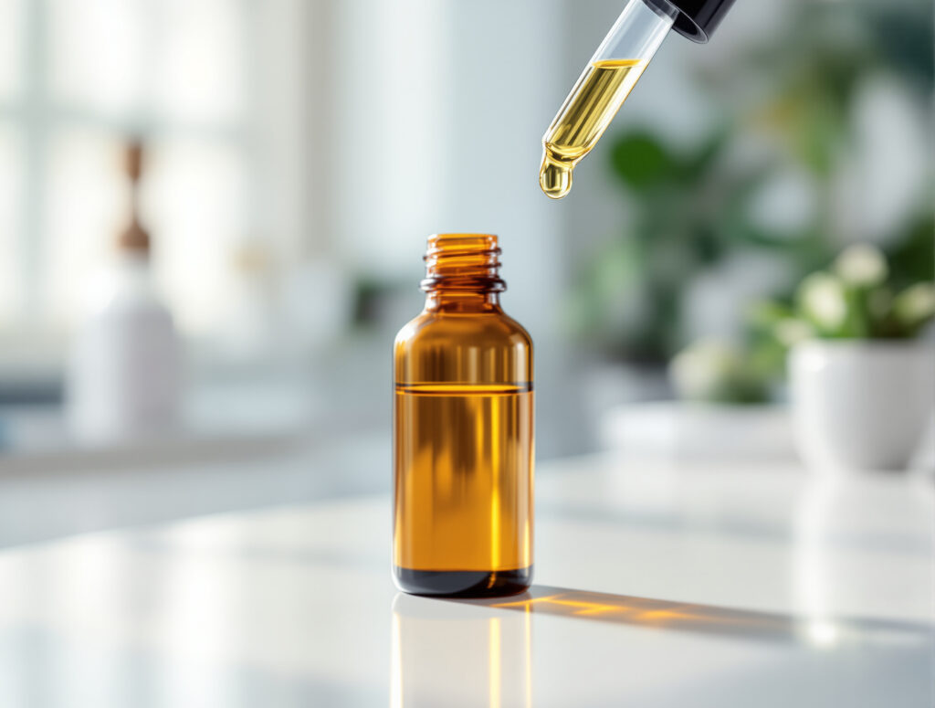 Flacone di estratto di terpeni con pipetta in laboratorio