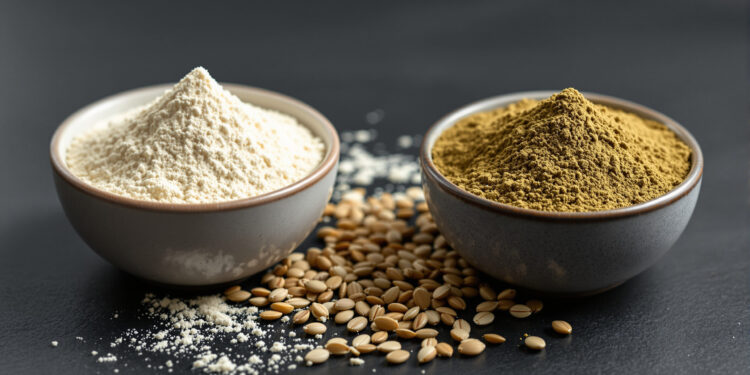 Whey-Protein und Hanfprotein-Pulver in separaten Schalen nebeneinander