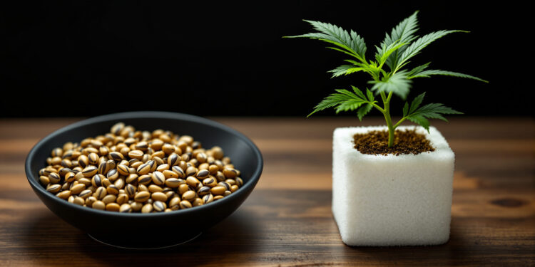 Vergleich Cannabissamen und bewurzelter Steckling auf Arbeitstisch