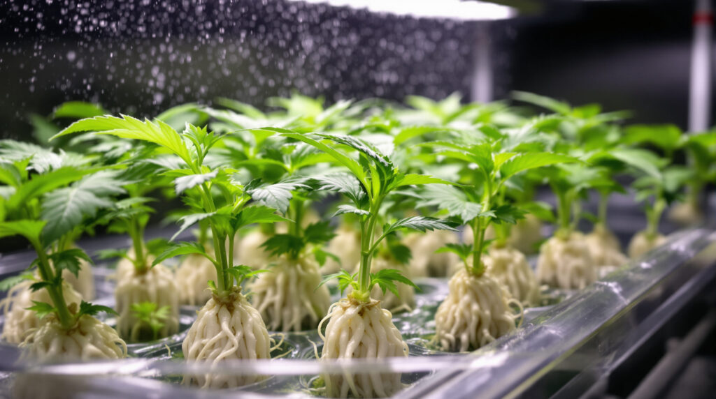 Cannabis-Stecklinge mit sichtbarem Wurzelwerk in Anzuchtschale