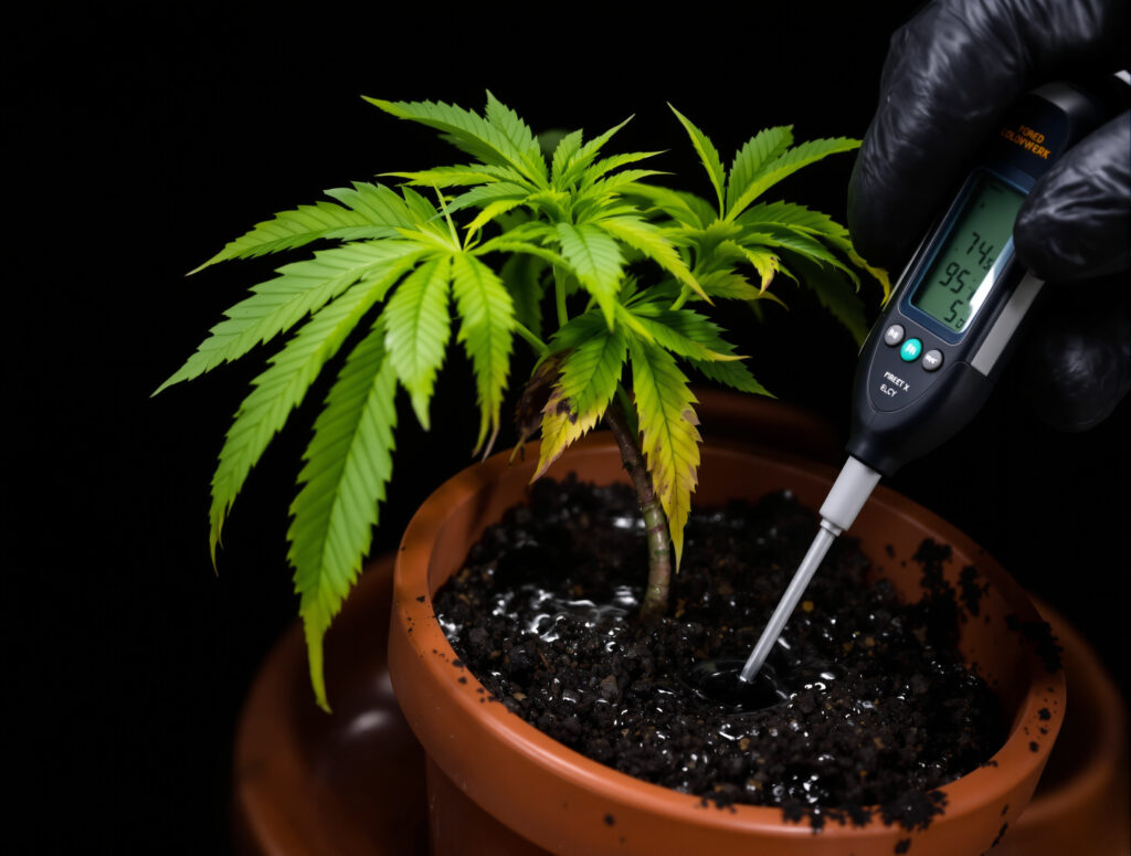 Überwässerte Cannabis-Jungpflanze mit Feuchtigkeitsmesser