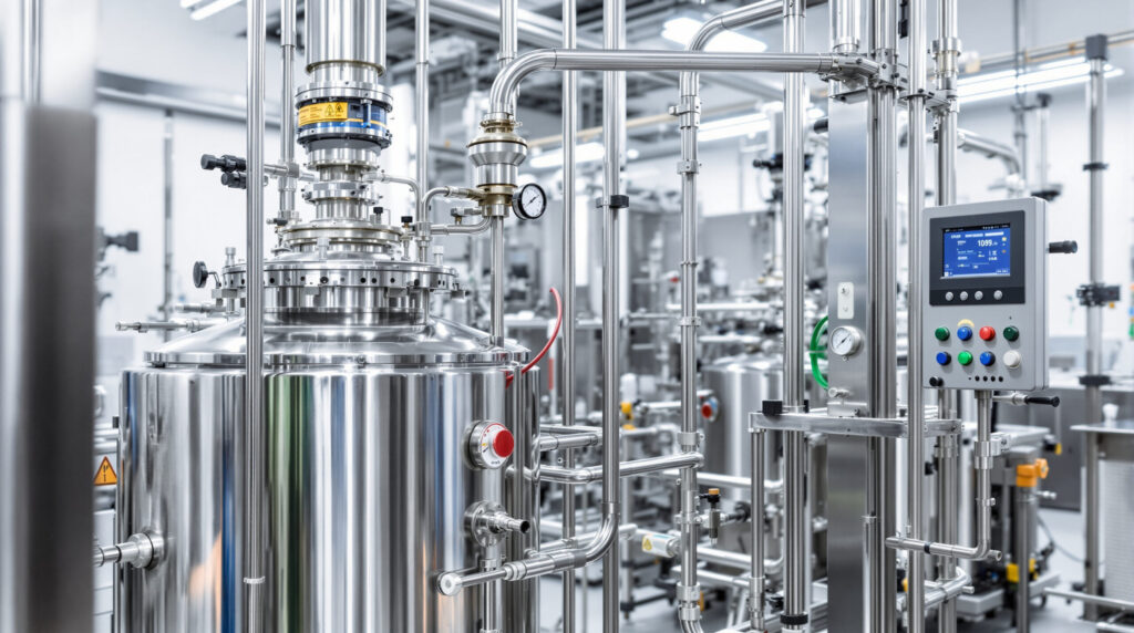 Industrielle CO2-Extraktionsanlage aus Edelstahl in Laborumgebung
