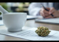 Cannabisblüte auf Rezeptformular in ärztlicher Praxis