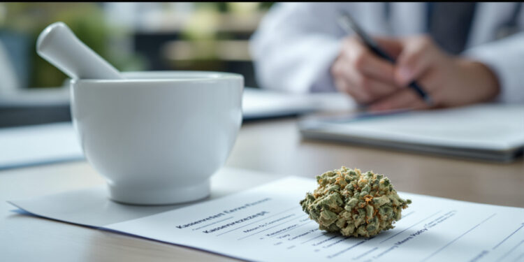 Cannabisblüte auf Rezeptformular in ärztlicher Praxis