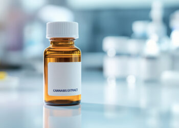 Arzneimittelflasche mit Cannabis-Extrakt auf klinischer Oberfläche