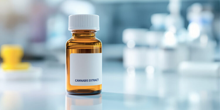 Arzneimittelflasche mit Cannabis-Extrakt auf klinischer Oberfläche