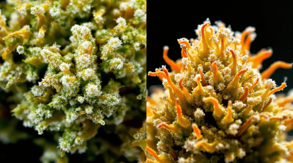 Nahaufnahme von Cannabis-Trichomen vor und nach Decarboxylierung