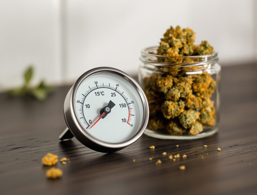 Ofenthermometer neben Glas mit decarboxyliertem Cannabis